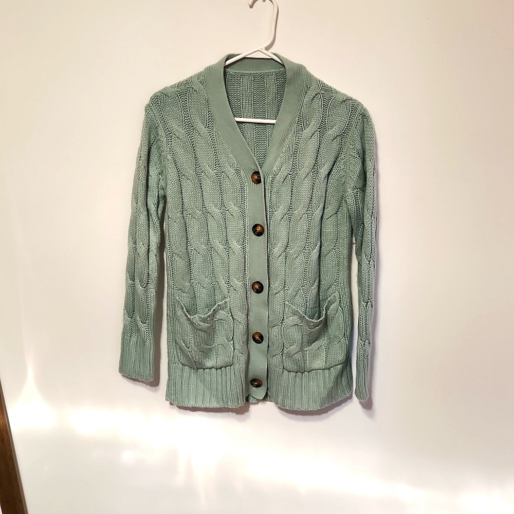 Mint green button up sweater w/pockets